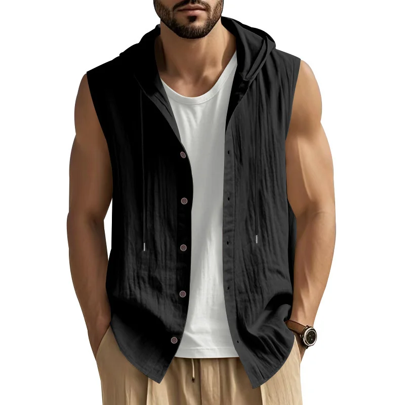 2023 sommer Neue Herren Ärmelloses Hemd Lose Leinen Mit Kapuze reine farbe taste Hemd Männer Dünne Weste Trendy Casual weste tops