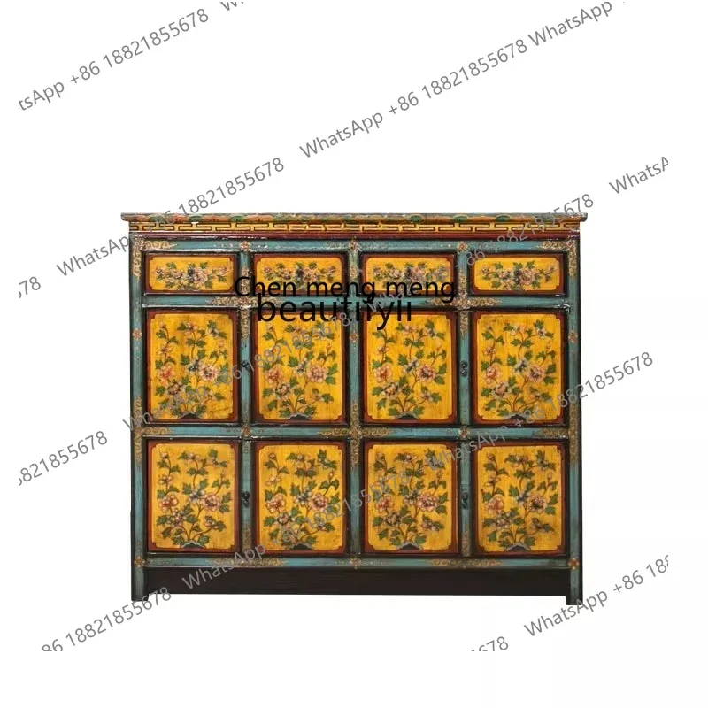 ss8350 Mongolian Tibetan furniture elm painted old solid wood four-door shoe cabinet bucket cabinet foyer side cabinet