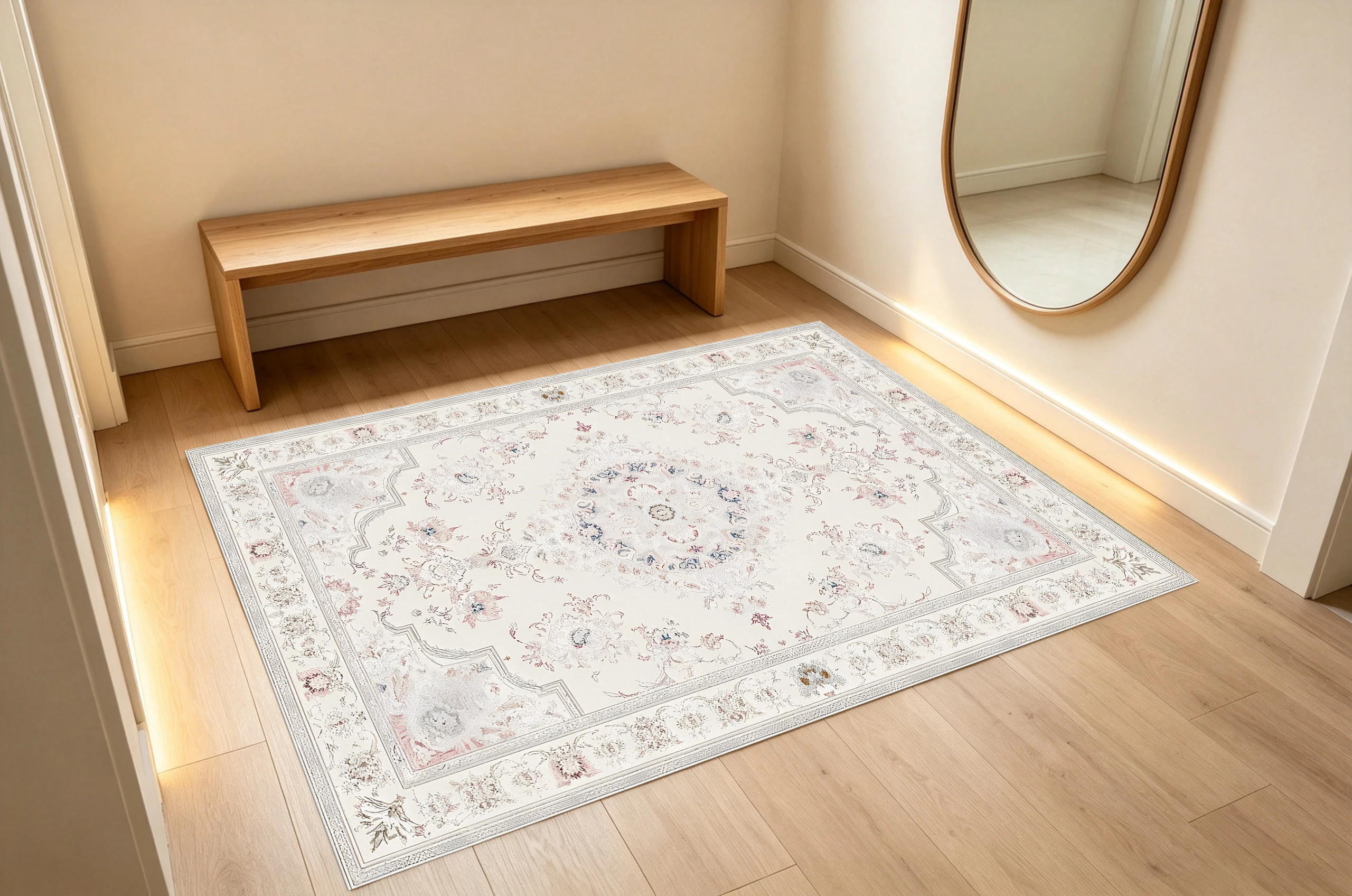 2D Large Rug, Off-White & Light Pink, Retro European Style, Light Floral Pattern, Soft & Skin-Friendly, for Living Room