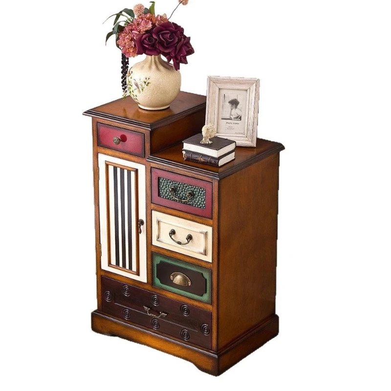 American retro solid wood chest, living room sofa storage cabinet, bedroom bedside table, floor-to-ceiling small drawer cabinet