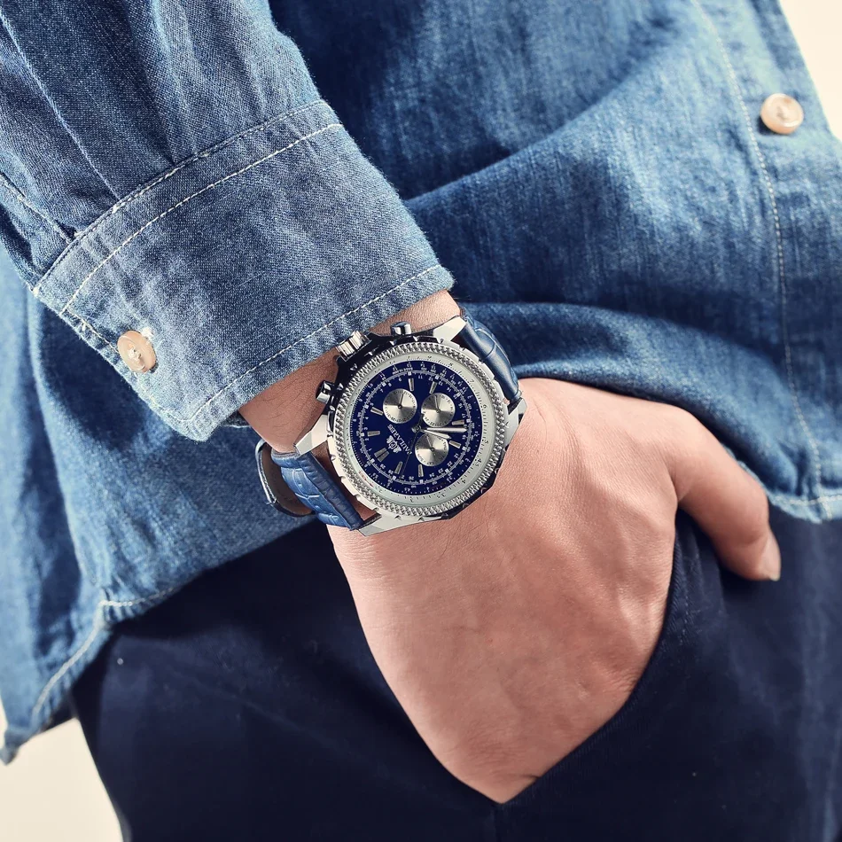 ساعة ميكانيكية أوتوماتيكية بحركة الرياح الذاتية باللون الأسود والبني والأزرق وحزام جلدي أنيق للرجال