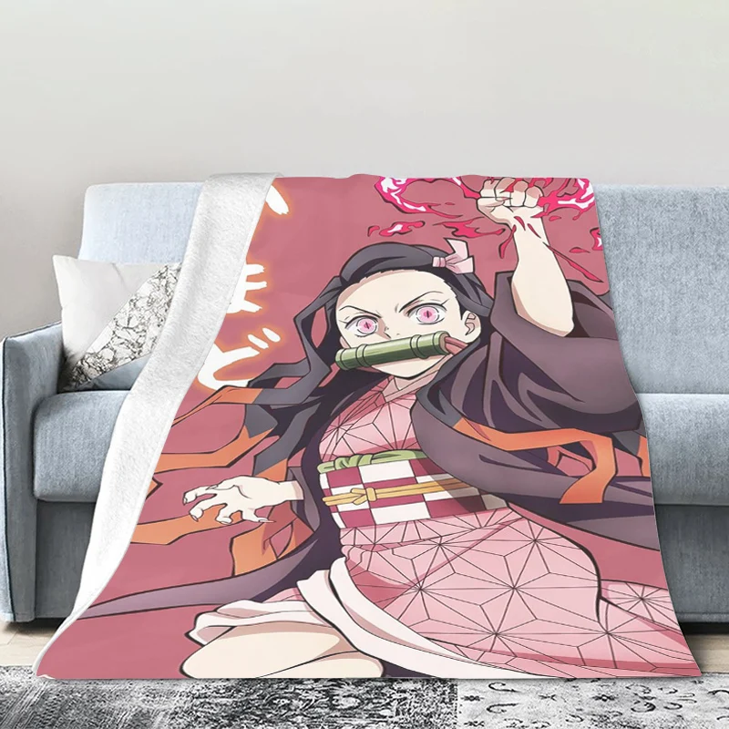 Fleece Blanket Sofa Winter Nezuko Anime Warm Knee Bed Camping Custom Nap Fluffy Soft Blankets Microfiber Bedding King Size