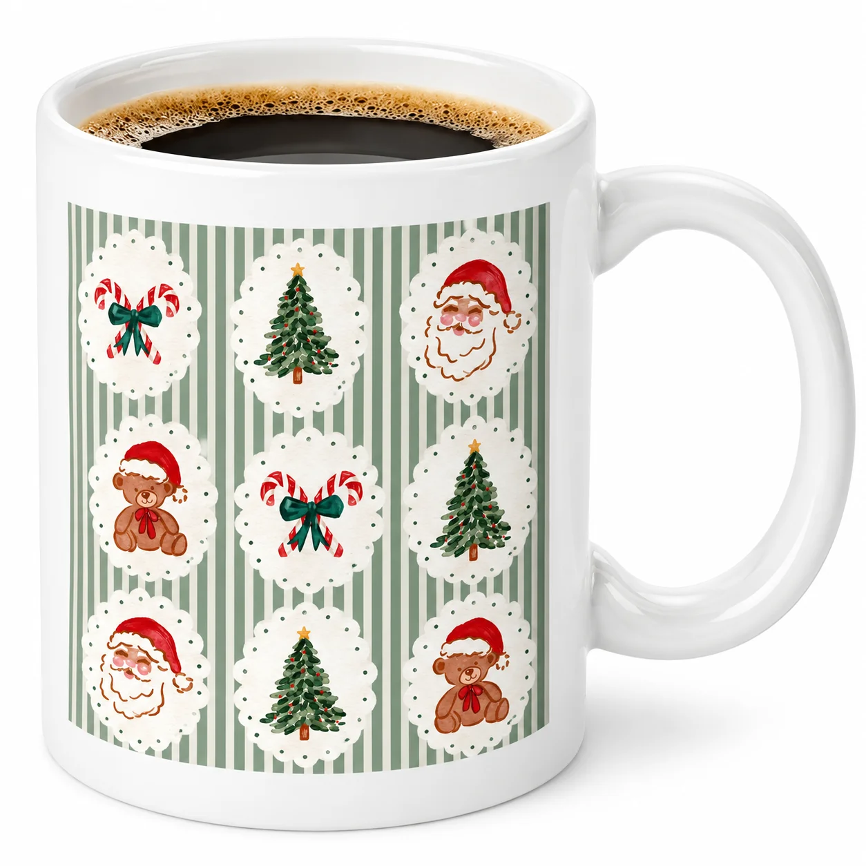 1pc Christmas Themed Sublimation Ceramic Coffee Mug, Green Striped Xmas Element Pattern Cup, Unique Holiday Gift, For Hot Tea
