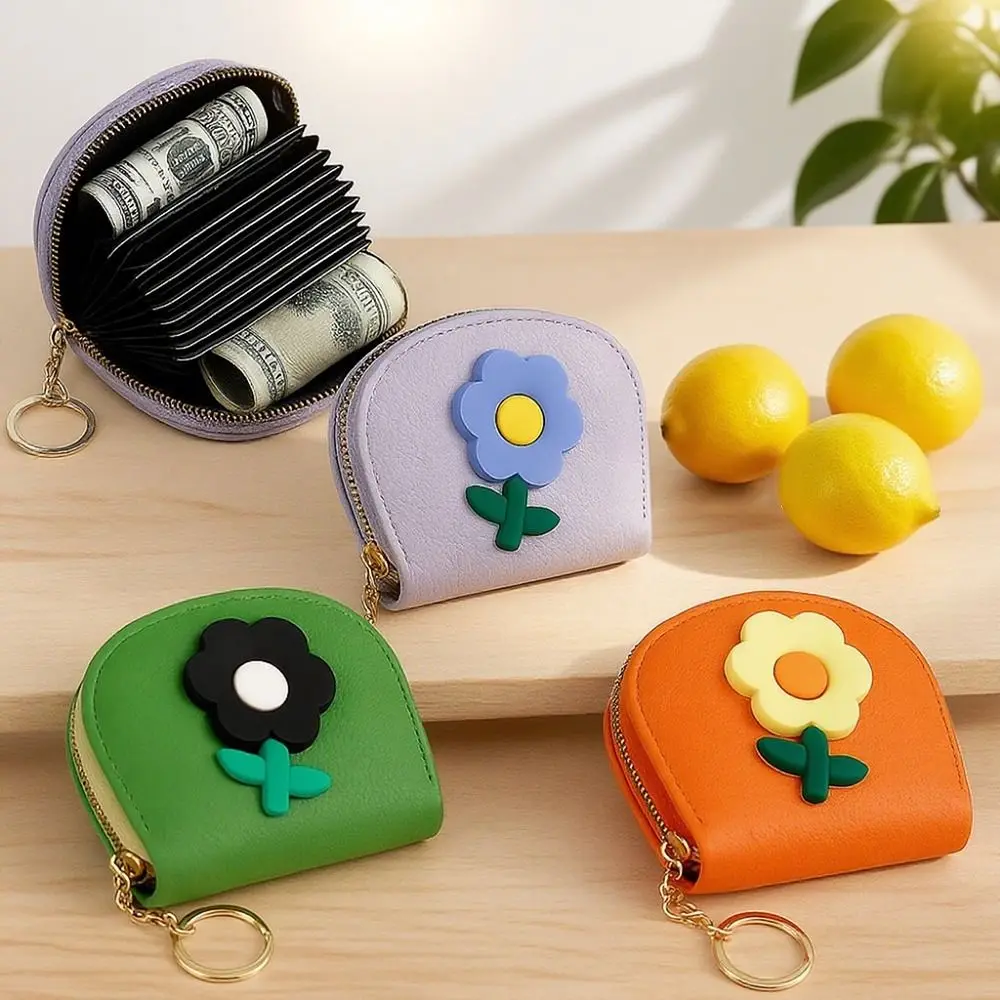 

Cute 11 Slots Mini Organ Card Holder with Keychain Portable Cartoon Flower Card Bag Multipurpose Compact Zipper Coin Pouch Women