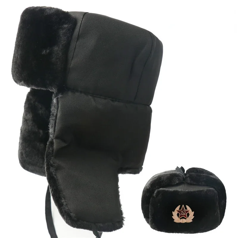 Soviet Military Badge Russia Ushanka Bomber Hats Pilot Trapper trooper Hat Winter Faux Rabbit Fur Earflap Men Snow Caps