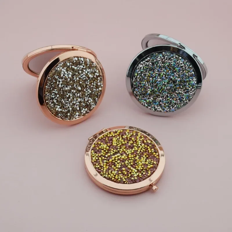 7cm Mini Blingbling kieszonkowe lusterko do makijażu diamentowe przenośne akcesoria do makijażu lusterko srebrne Rosegold kryształ górski okrągłe lustro dla kobiet w podróży