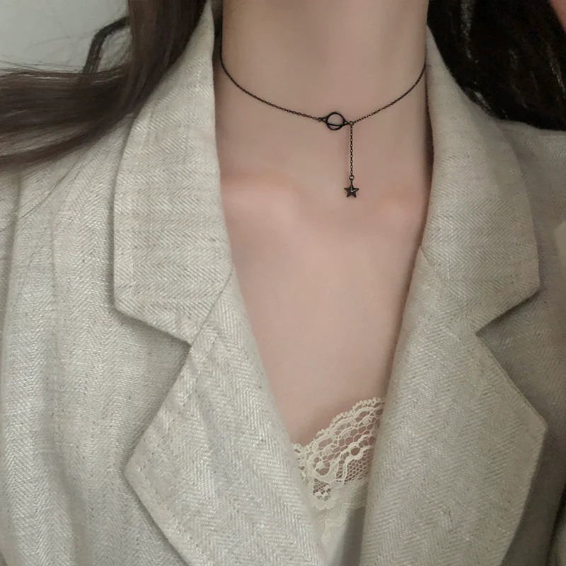 925 Sterling Silver Black Planet Necklace for Women Trendy Choker Chain Fine Jewelry Wedding Party Gift