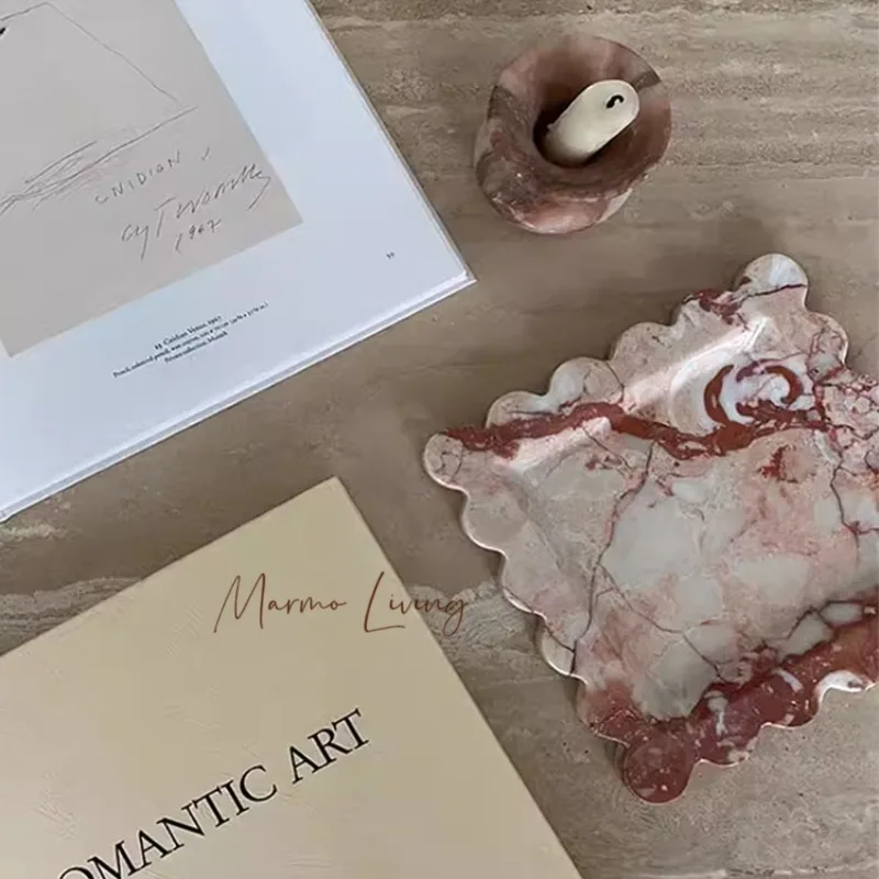 

French Natural Marble Scalloped Tray Designer Villa Desktop Calacatta Red Stone Storage Tray Decorative Decoration