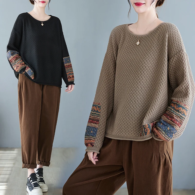 

Ретро этнический лоскутный свитер из хлопковой пряжи, женский осенне-зимний свободный свитер с ленивым плечом, круглый трикотажный свитер