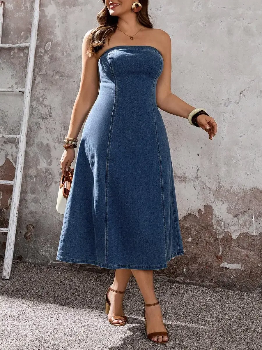 

Strapless Denim Midi Dress A-Line Plus Size Women Dark Wash