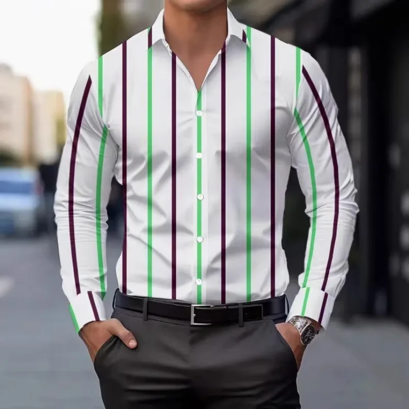 

Мужская повседневная рубашка с длинным рукавом в полоску, с отложным воротником, легкая, для делового и повседневного стиля