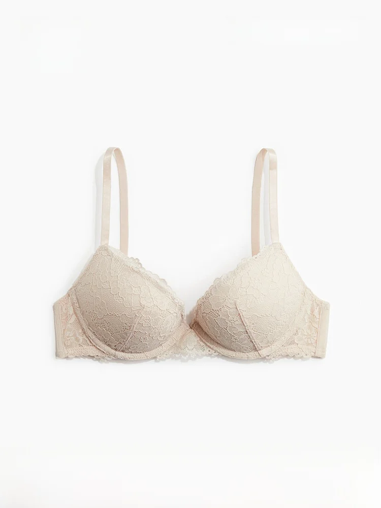 

H&M Women's Lace Bra Padded Push up Underwear Summer Collection Adjustable Straps Traditional Style Thick Cup Back Double Buckle