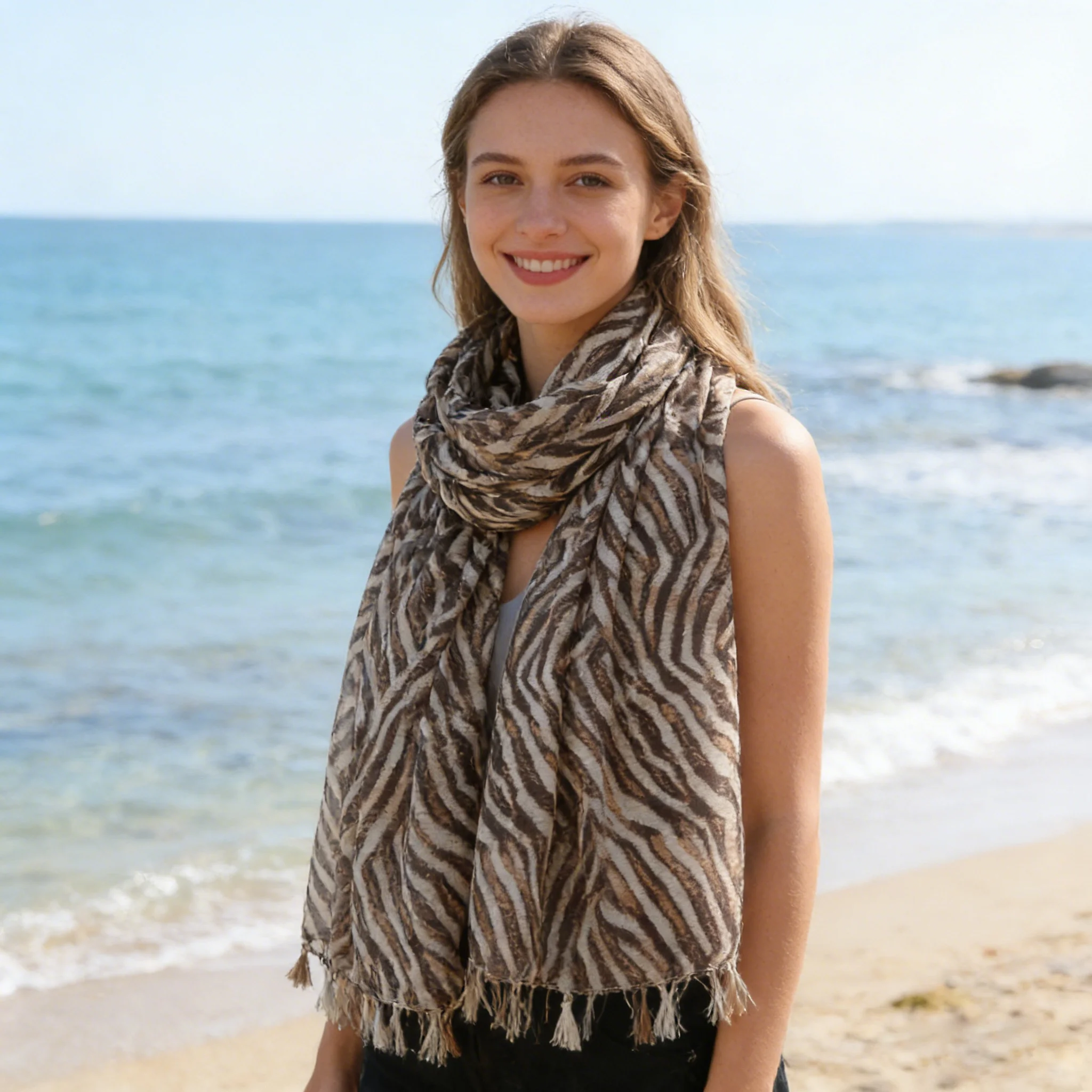 Damen-Schal mit Zebrastreifen und Quasten, leichter Polyester-Halstuch, 180x85cm, lässiger bedruckter Schal für den Alltag