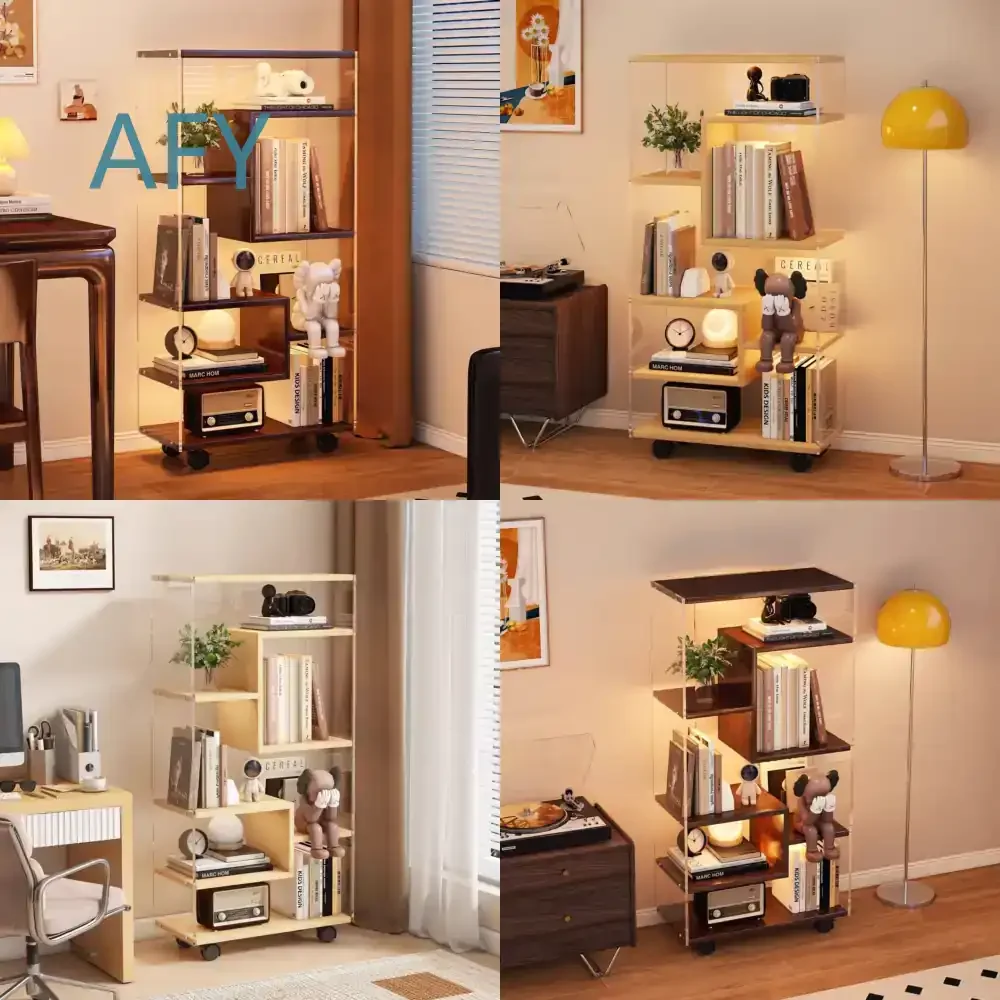 Acrylic Rotating Bookshelf 360 Degree Solid Wood Bookcase for Students Mobile Floor Standing Multi Tier Storage Shelf