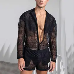 1 Set Popular Homens Outfit Sexy Men Top Shorts Oco Out Ver Através Crochet Camisa Shorts Único Breasted