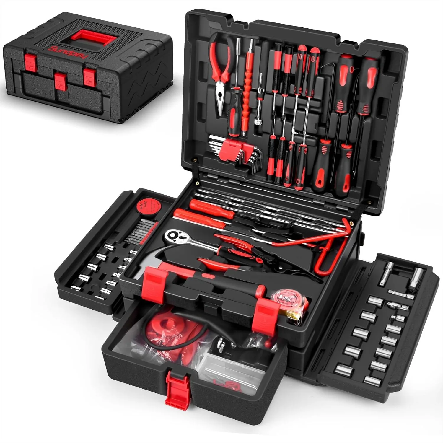 

132-PCs Car Tool Kit with Drawer for Home and Auto Repair - Portable General Tool Set with Hook, Pick, Fastener, Valve Stem