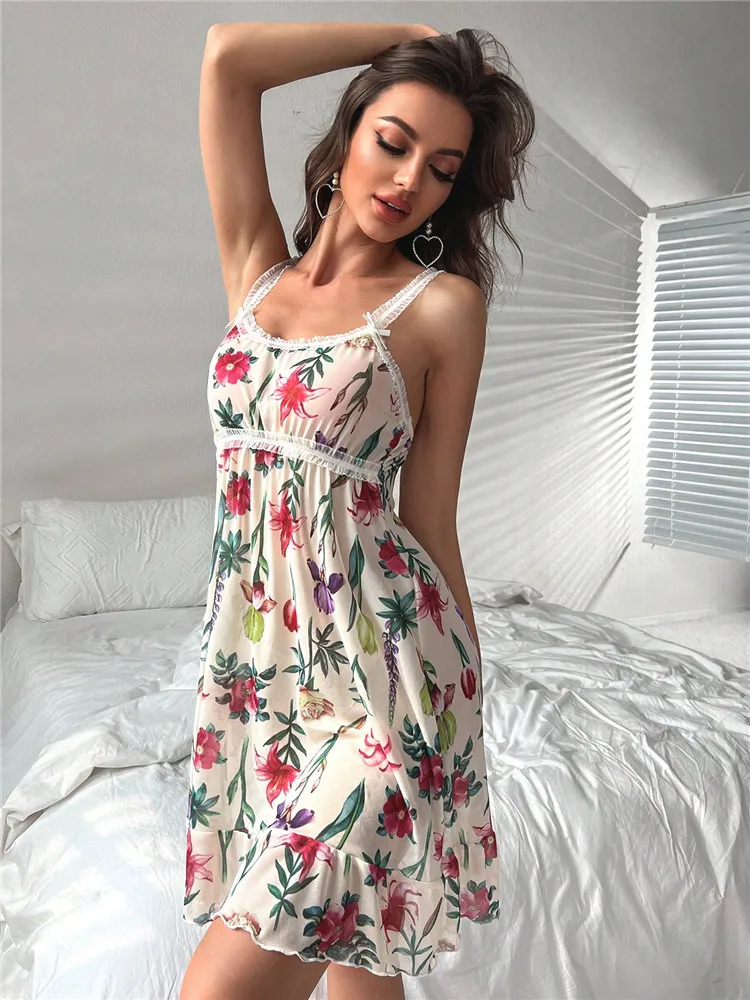 Floral Print Sleepwear Mesh Ruffle Hem Cami Nightdress Bride Nightwear Babydoll Vintage Sleep Dress