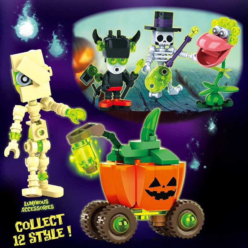 

Halloween children's puzzle assembly building blocks, small particles, luminous pumpkin lights, skull head, elf assembly toys