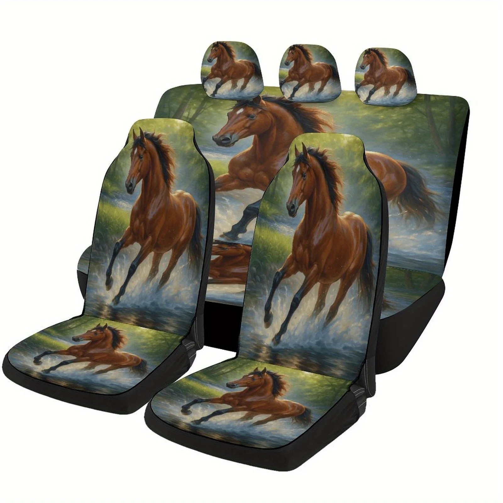 Forest Horse Run Designed Car Seat Cover Set For Most Cars, Trendy Novelty High-quality Car Seat Protector Covers Full Set, Univ