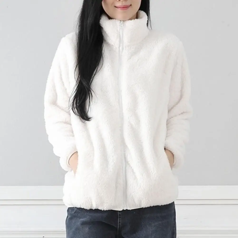Women Zipper Closure Jacket Stylish Women\'s Winter Coat With Plush Stand Collar Long Sleeves Pockets For Outdoor Commuting Keep
