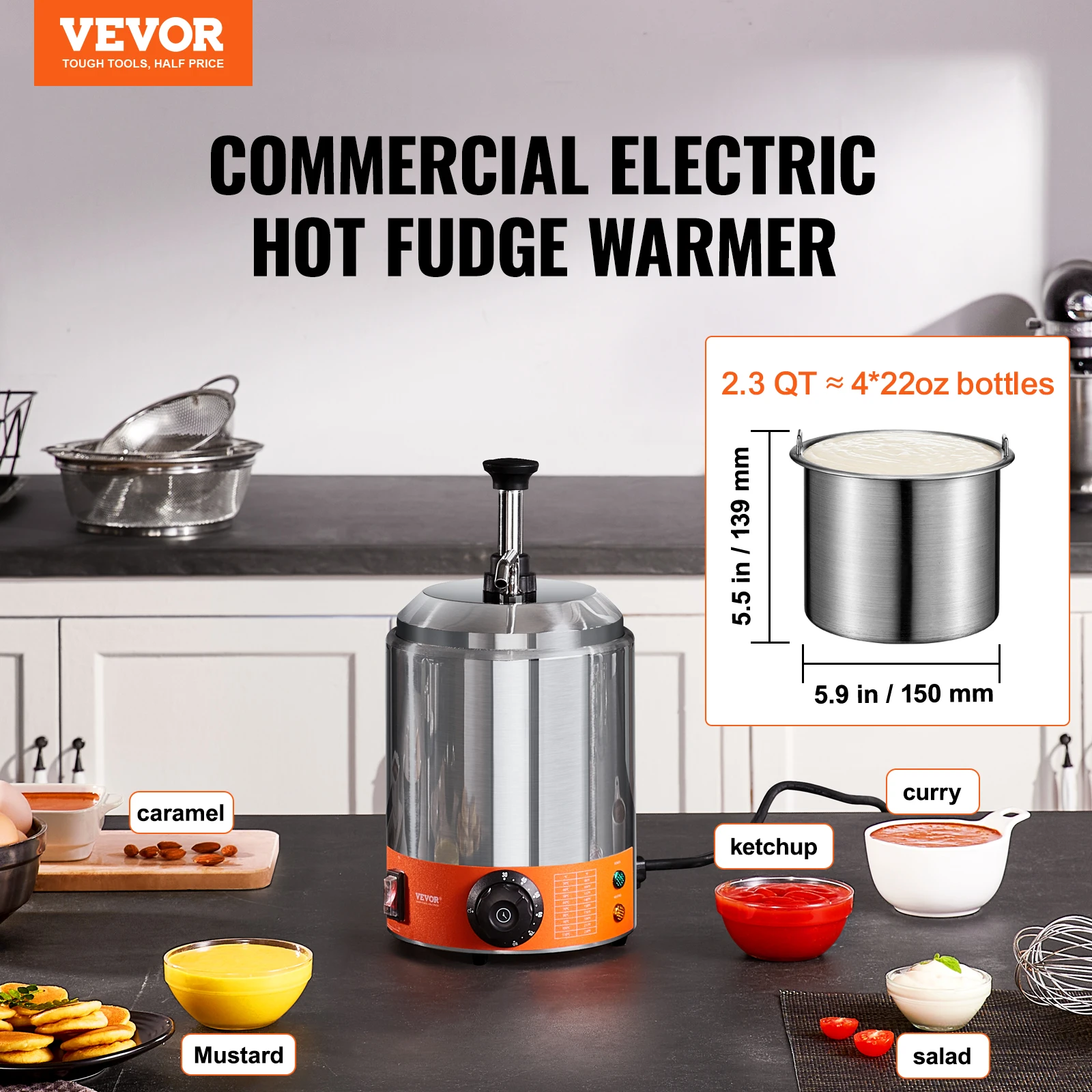 VEVOR-Distributeur de fromage électrique avec pompe, 2.3 qt, chauffe-fudge chaud commercial, distributeur de pompe en acier inoxydable, 86-230 ° F, température