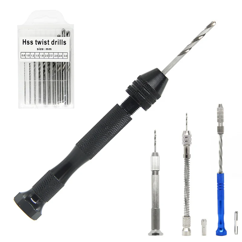 Mini Micro Aluminum Hand Drill With Keyless Chuck HSS Steel Twist Drill Bit Woodworking Drilling Rotary Tools Hand Drill Manual