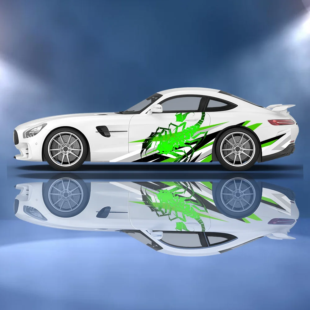 

Зеленый скорпион, черные линии, принт, боковая наклейка автомобиля, виниловая пленка, самоклеящаяся бумажная наклейка для автоспорта, подходит для декора грузовика, внедорожника