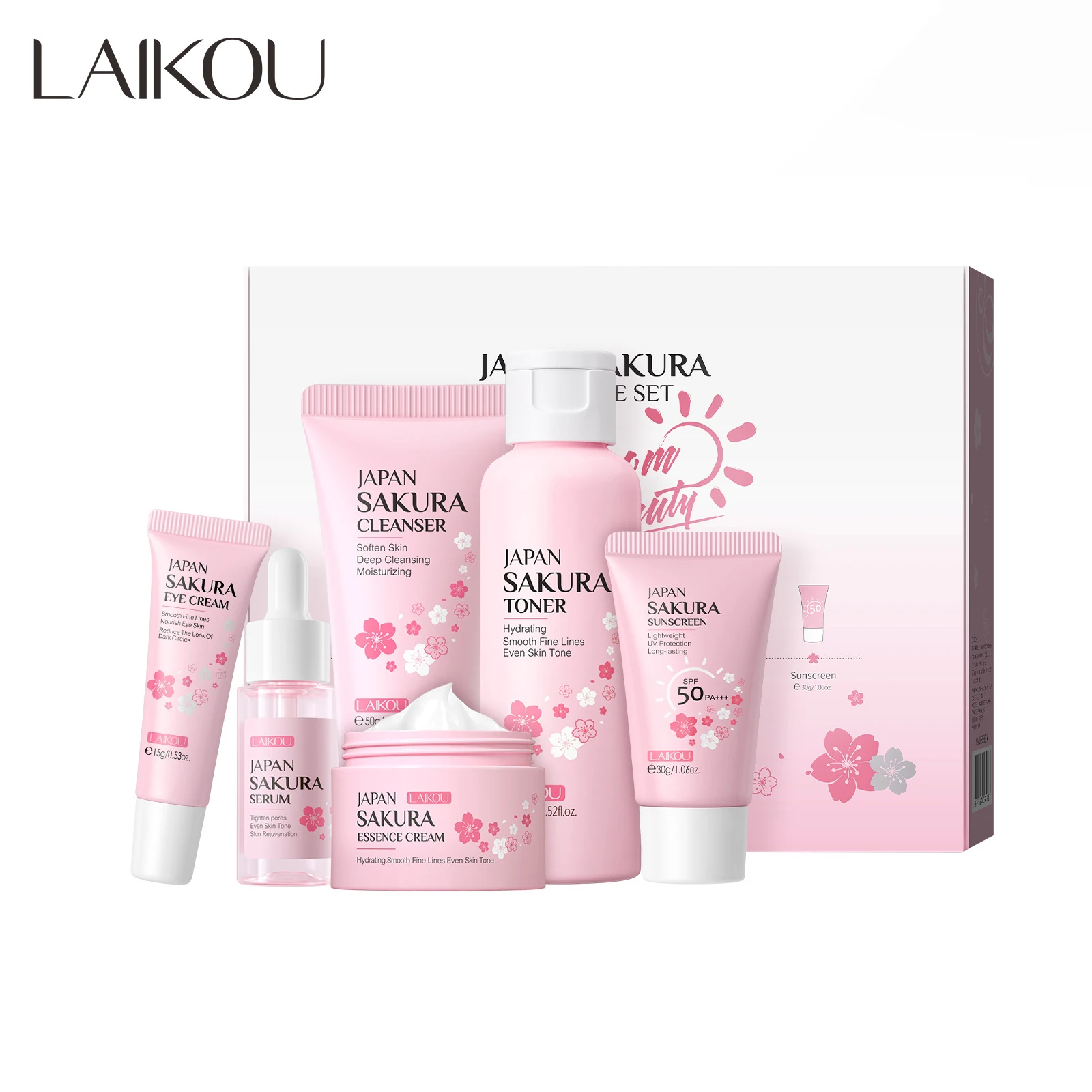 LAIKOU Sakura Skin Care Sets Facial Cleanser Hydrating Eye Creams Face Cream Serum Sunscreen Toner Moisturizing Face Care Kit