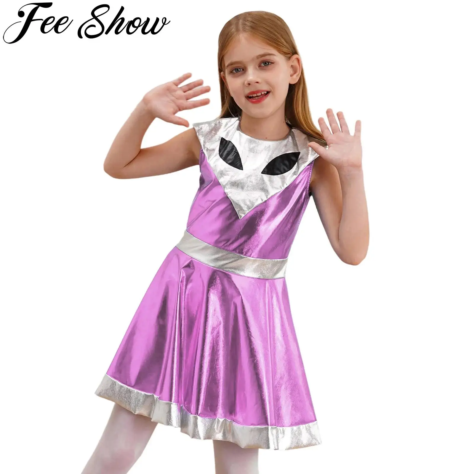 Kids Girls Alien Cosplay Costume Halloween Carnival Outer Space Astronaut Alien Theme Party Dress Up Metallic Shiny A-line Dress