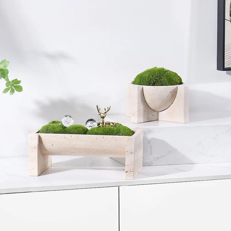 Home Decor Natural Marble Stone Flower Pots Vintage Travertine Tablescape Succulent Aloe Vera Potted Grass Planter Hotel