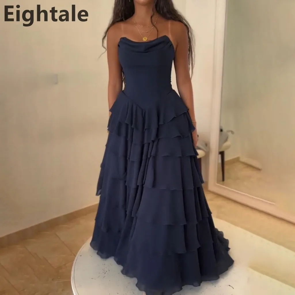 

Eightale 2025 Navy Blue A Line Chiffon Tiered Maxi Evening Dress Formal Prom Dress Party Dress Gowns Customized