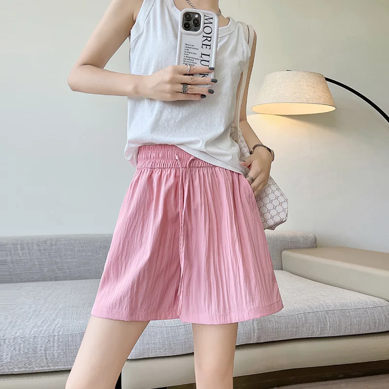 

Women Cotton Shorts Summer Casual Solid Elastic High Waist Loose Shorts for Girl Soft Cool Shorts Female Straight Wide Leg Pants