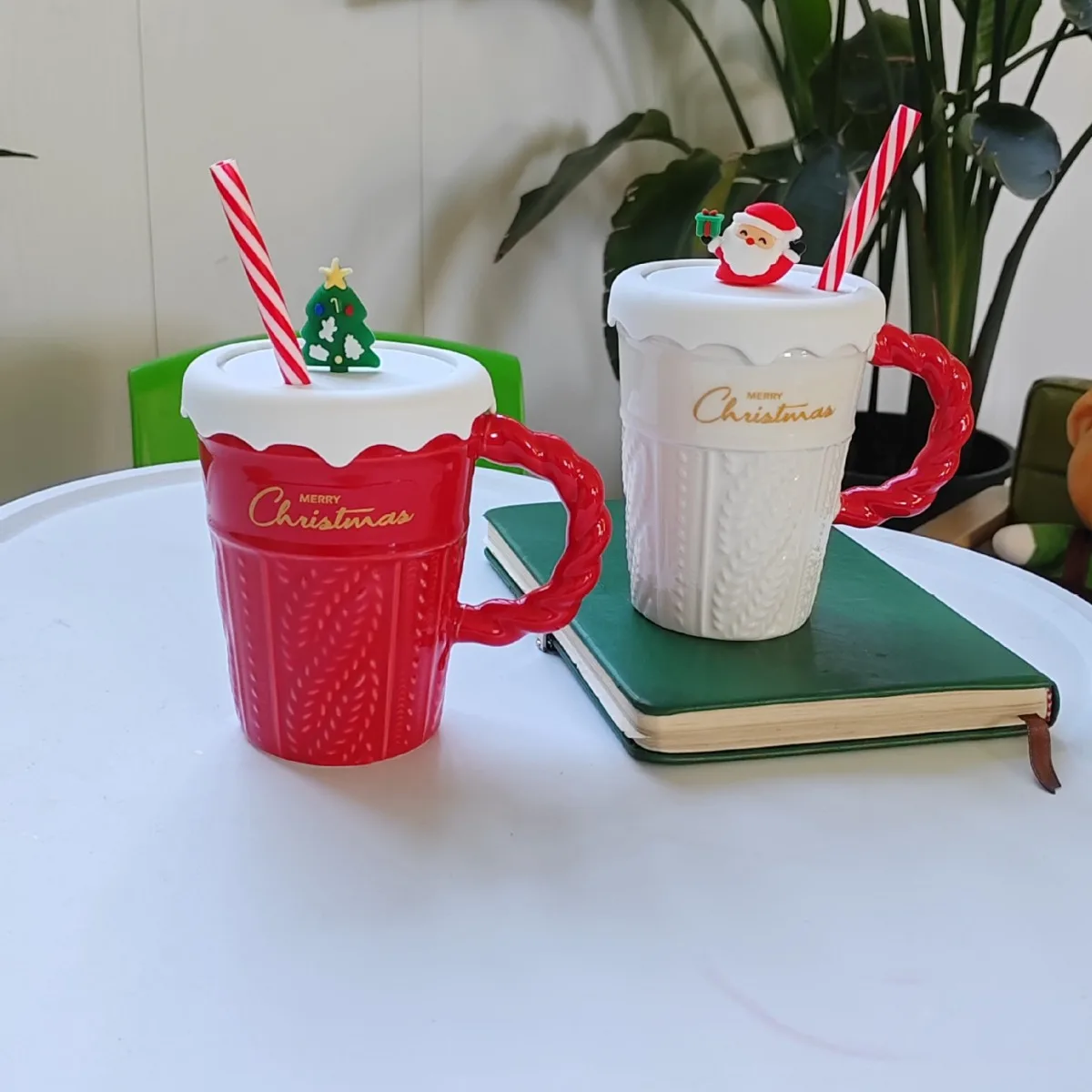 Christmas Ceramic Lidded Mug With Straw Santa Claus Christmas Tree Decoration Mugs Christmas Giftware Surprise Items Supplies