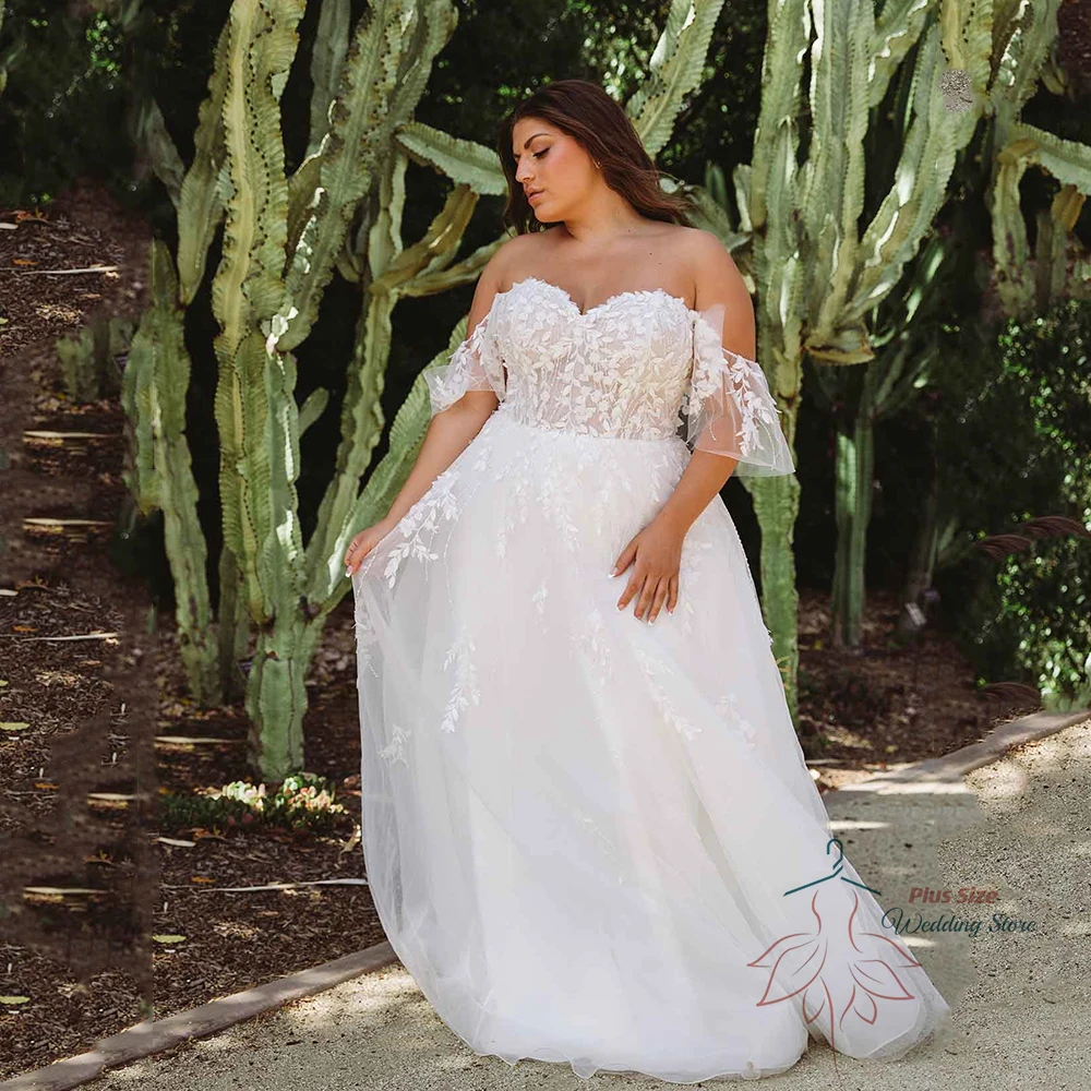 

Pastoral Wedding Dresses Sweetheart Off The Shoulder Bride Gowns Lace Appliques Sweep Train A-Line Vestido De Noiva Plus Size