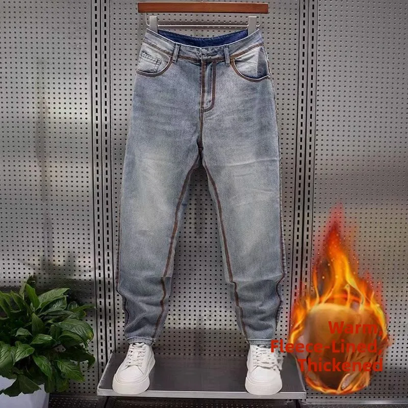 

Мужские джинсы из денима в корейском стиле, модные, выцветшие, эластичные, осенне-зимние, прямые, на подкладке, зауженные, облегающие, длинные брюки