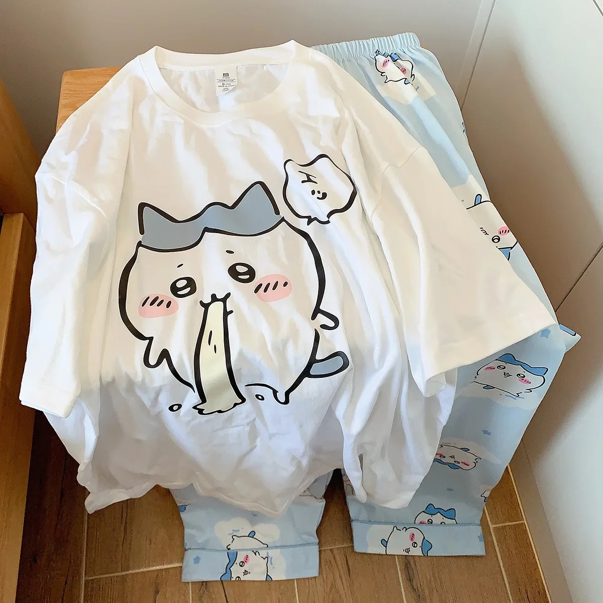 Chiikawa Hachiware Usagi Pajamas Summer Cotton Round Neck Short Sleeve Long Pants Shorts Loose Cartoon Woman Anime Home Clothes