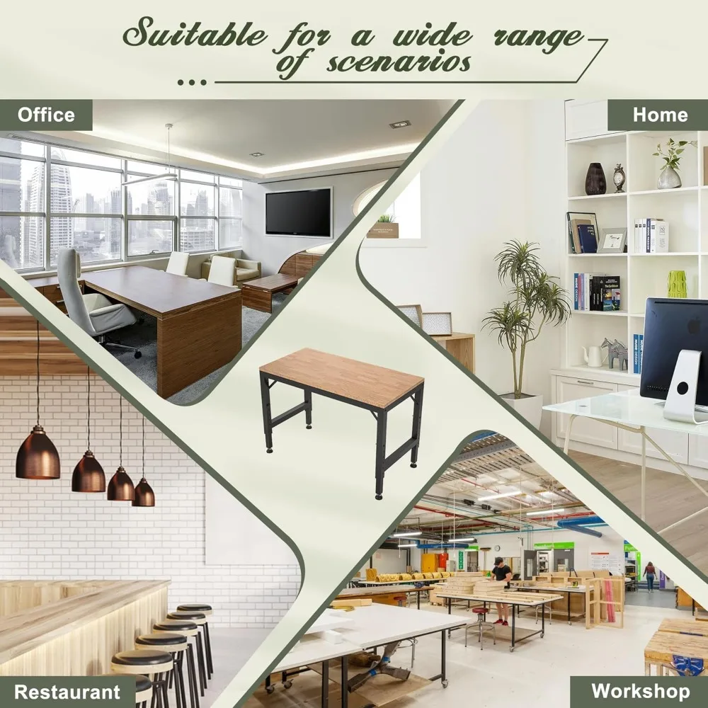 منضدة عمل بإطار معدني قوي مع ارتفاع قابل للتعديل وسطح خشبي واسع لورشة العمل والمكتب والمنزل واستخدام المطاعم