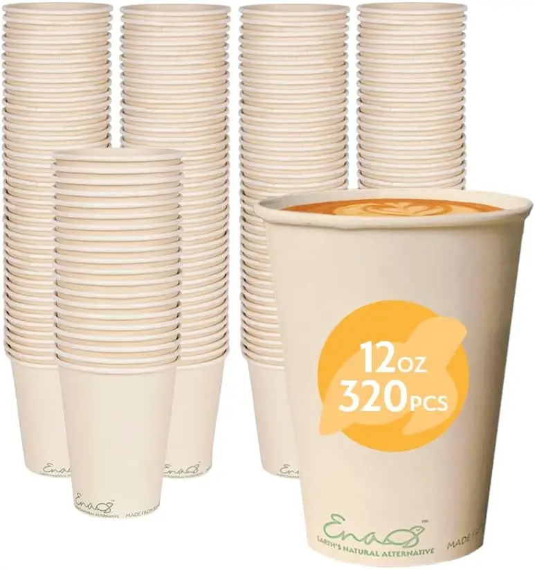 

100% Compostable Disposable Coffee Cups [12oz 320 Pack] Paper Cups Made from Bamboo, Eco-Friendly, Biodegradable Premium