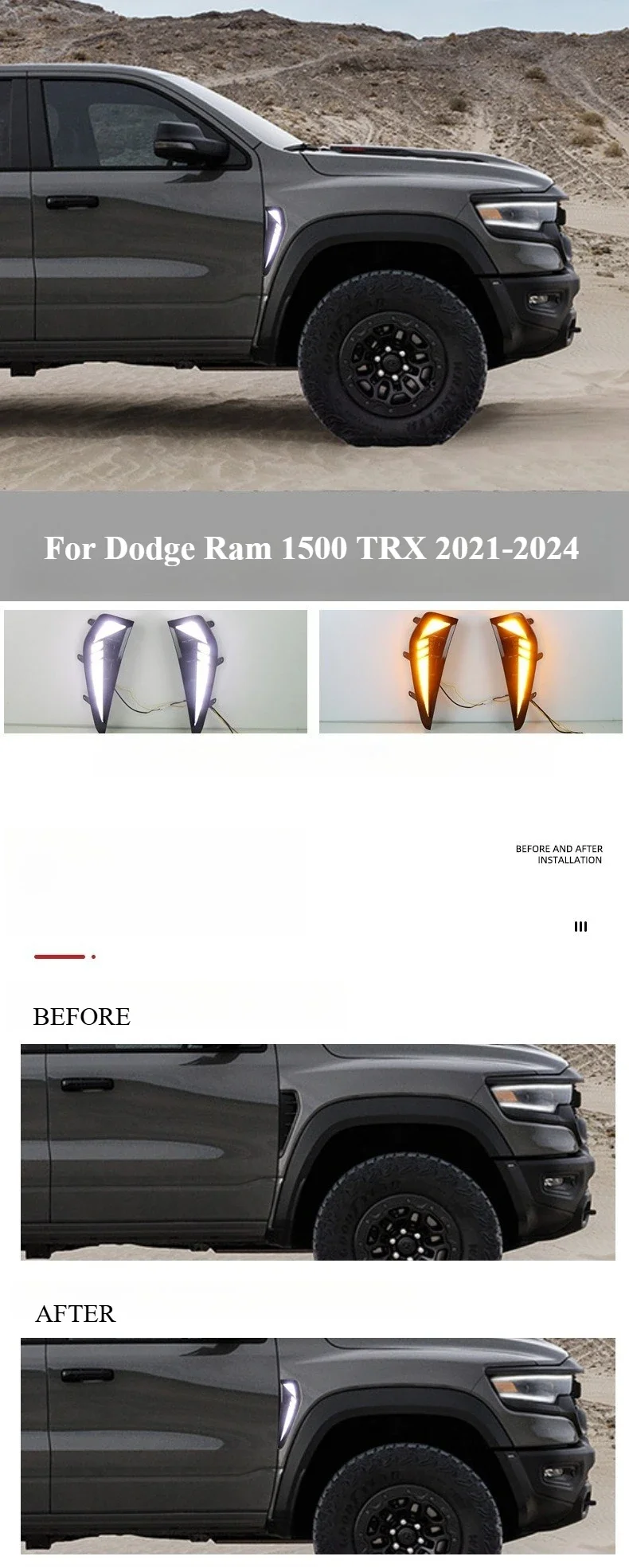 LED Front Fender Side Daytime Running Light DRL Dynamic Yellow Turn Signal Wheel Eyebrow Lamp For Dodge Ram 1500 TRX 2021-2024 detail image 5