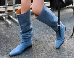 Fashion Lady Blue Jeans Denim Pointed Toe Knee High Flat Boots Women Slip On Pleated Tube Long Fall Botas Shoes Drop Shipping