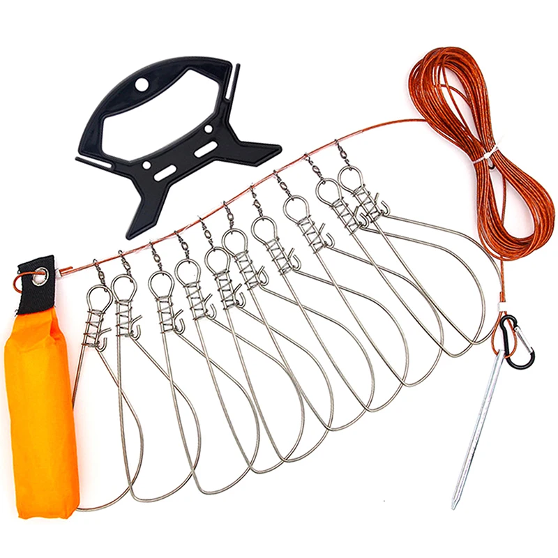Nouveau【Cordon de pêche en acier inoxydable avec boucle de verrouillage, 5 hameçons, flotteur, contrôleur de ligne de pêche avec piquet de sol, équipement de pêche】