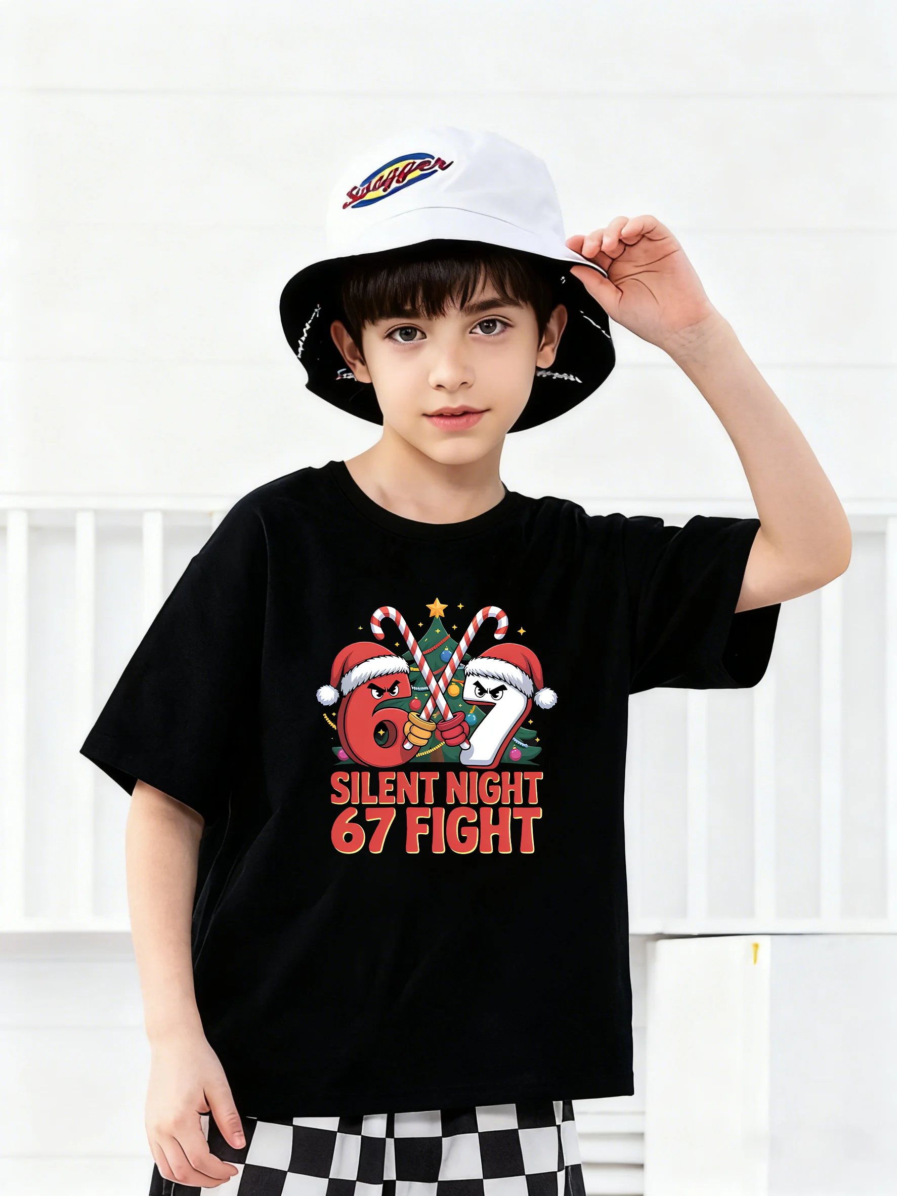 

Christmas Theme Boys T-Shirt Black Short Sleeve "Bruh67" Print Children Loose Top Cool Holiday Childrenwear