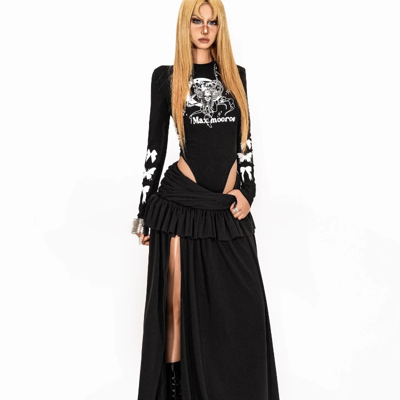 الأمريكية الرجعية تصميم مثير الجوف طويلة الأكمام المرأة تي شيرت الخريف جديد الشرير الحلو كول روك الساخن فتاة Y2K الملتصقة السيدات