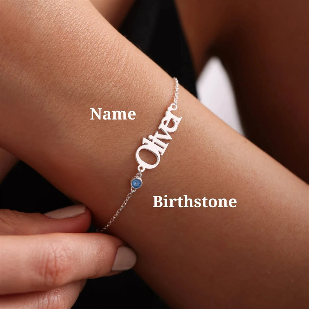 Handmade Jewelry Custom Name Birthstone Bracelet Mother Day Gift Personalized Nameplate Bracelet Birthday Jewelry Chain Pulseras