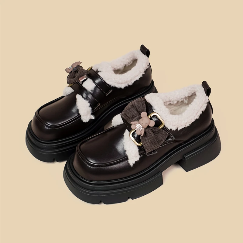 Amy and Michael Cute Girls Uniform Chunky Princess Shoes Female Women Brown Platform Pumps Retro Loafers Winter Warm Plush Shoes