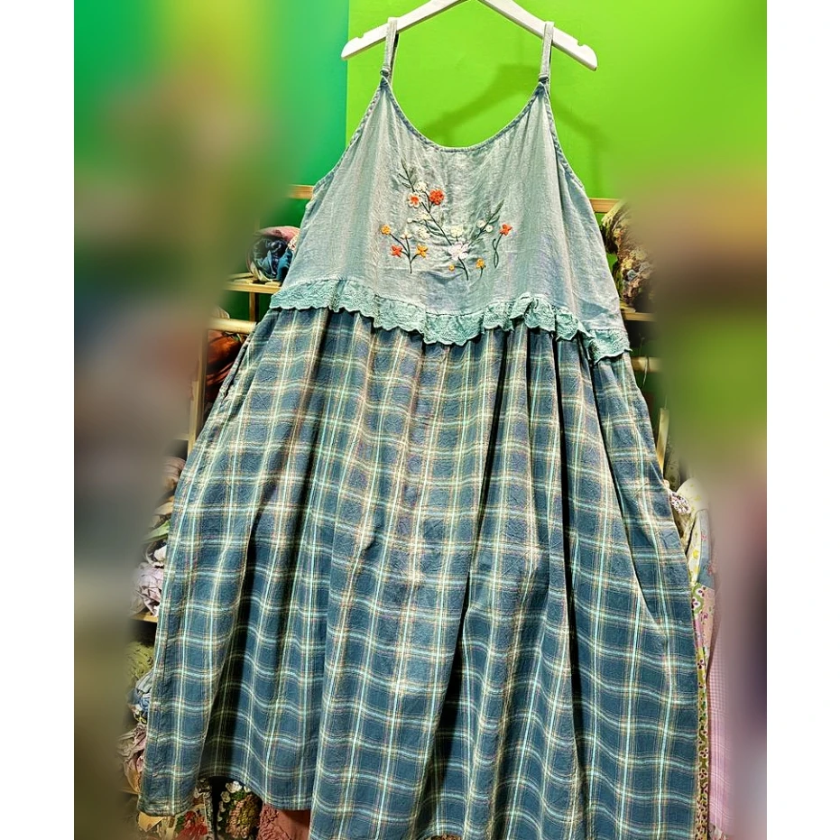 

Retro Chic Cotton Linen Patchwork Plaid Lace Hippie Gypsy Long Sundress Women Vintage Mori Girl Summer Cottagecore Long Dress