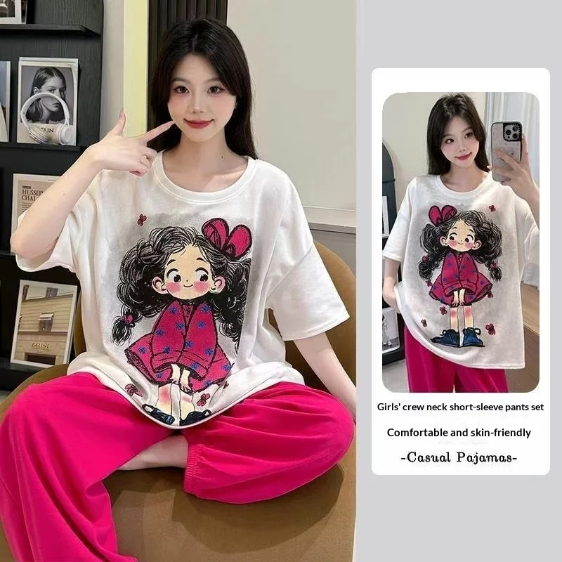 Summer New Women's Short Sleeved Sleepwear Home Suit Set Cartoon Pullover Loose Lazy Style Sleepwear Home Suit Two-Piece Set