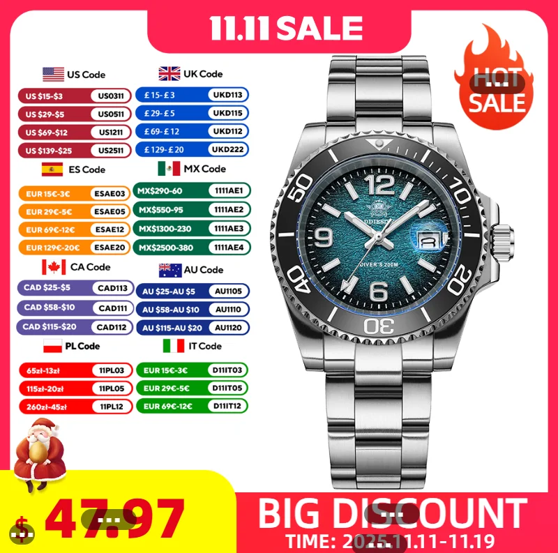 ADDIESDIVE 41 мм мужские часы для дайвинга AD2513 200 м водонепроницаемые кварцевые наручные часы из нержавеющей стали 316L календарь BGW9 супер светящиеся