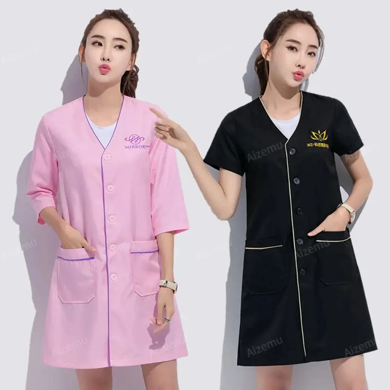 Preto curto beleza uniforme vestido spa uniforme esfrega uniforme branco mais tamanho salão de beleza grooming roupas casaco de laboratório logotipo esteticista topos