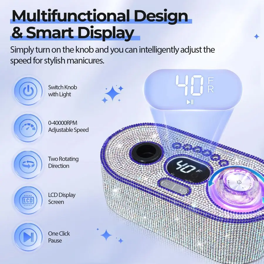 مثقاب أظافر احترافي لامع 40000 دورة في الدقيقة مجموعة مبرد أظافر كهربائي E ماكينة حفر أظافر مع شاشة LCD لجل الأكريليك، Manicu #4